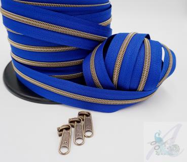 1m endlos Reißverschluss inkl. 3 Zippern - breit metallisiert royalblau - altmessing